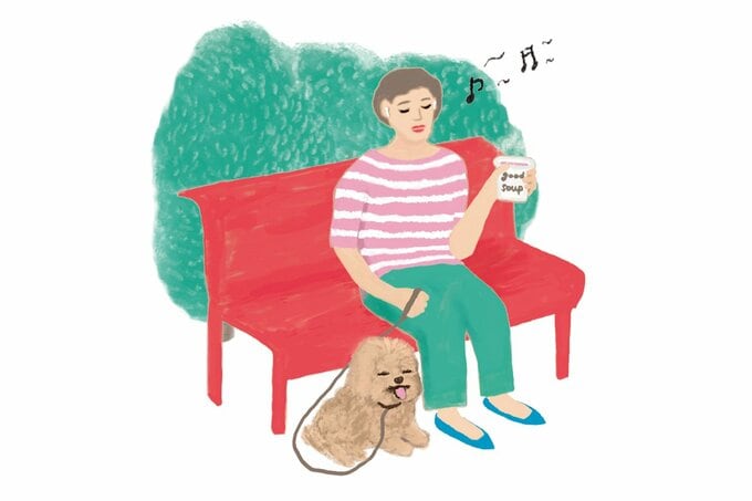 ベンチで休む女性と犬のイラスト