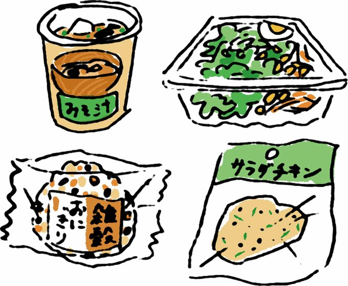 カップみそ汁、サラダ、おにぎり、サラダチキンのイラスト
