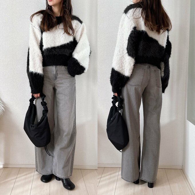 モノトーンのニットとジーンズ