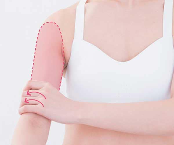 二の腕の内側の皮膚を外側にねじる様子