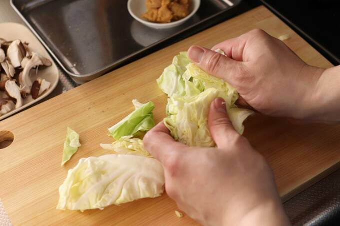 キャベツを手でちぎる様子