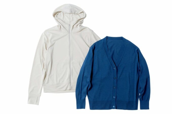 UVカット乾きやすいフルジップアップパーカ、UVカットライトニットVネックカーディガン(無印良品/無印良品銀座)