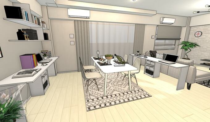 ダイニングにテレワークスペースがふたつあるのにスッキリ