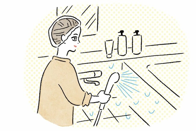 浴室にシャワーをかけるシャワーキャップをかぶった女性のイラスト