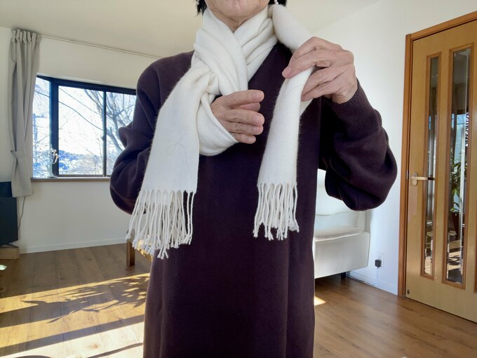 (3)(2)でとおした輪を一回ひねり、小さな輪をつくる。輪の中に手を入れる。