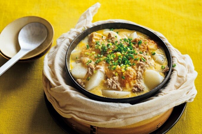 長イモと厚揚げのそぼろ蒸し卵とじ風