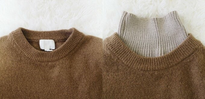 左：いつものクルーネックニット、右：「つけ襟 ニット地」あり