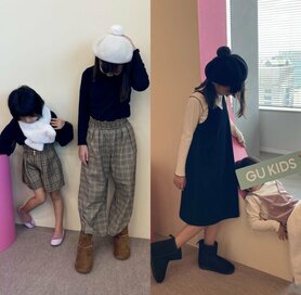 10歳と6歳が着るGU秋の新作コーデ。フリルハイネックTは990円