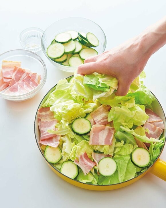 お鍋にキャベツとベーコン