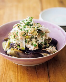 蒸しナスの豚しゃぶのせ。ジュワっと食べごたえの糖質オフおかず