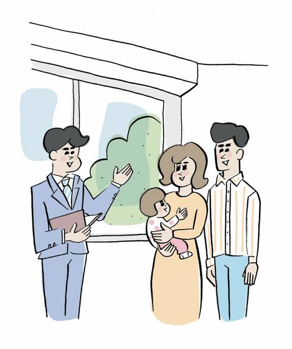 内覧している家族のイラスト