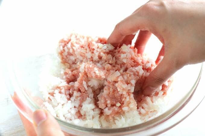 ボウルにひき肉、卵、塩、コショウ、ナツメグを加えてこねる