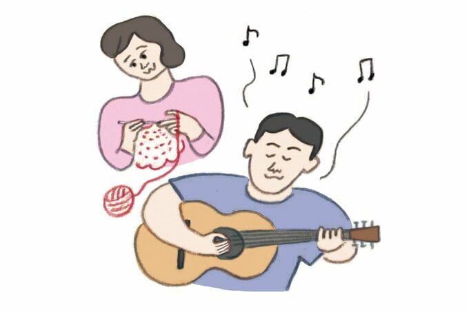 ギターを弾く男性と編み物をする女性のイラスト
