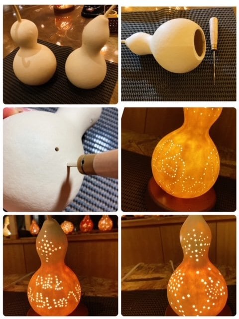 ひょうたんに千枚通しで穴をあける