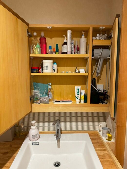 鏡の内側には多様な形状のものをしまう棚を設置