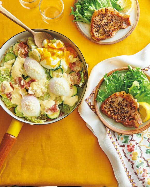 キャベツの重ね蒸しカルボナーラ風