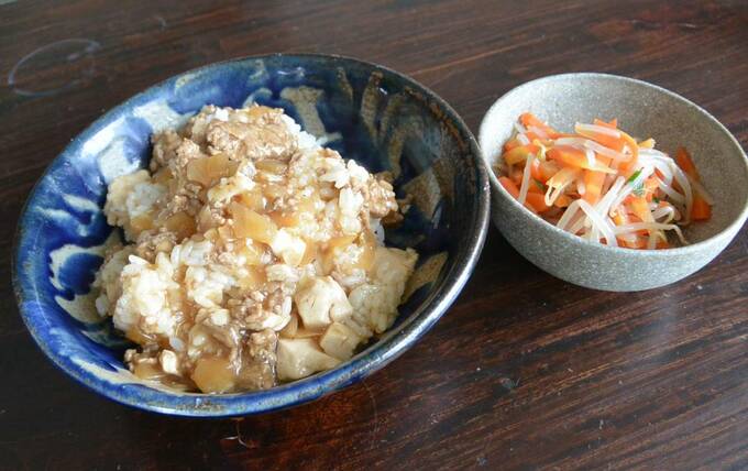 豆腐とご飯の料理とサラダ