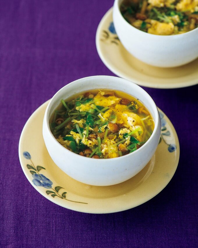 ナメコと豆苗のかきたまスープ