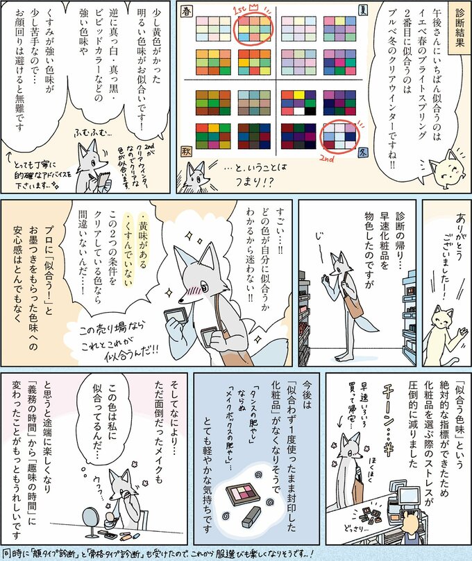 自分に似合う色の化粧品を買って、メイクを楽しむ午後さん。