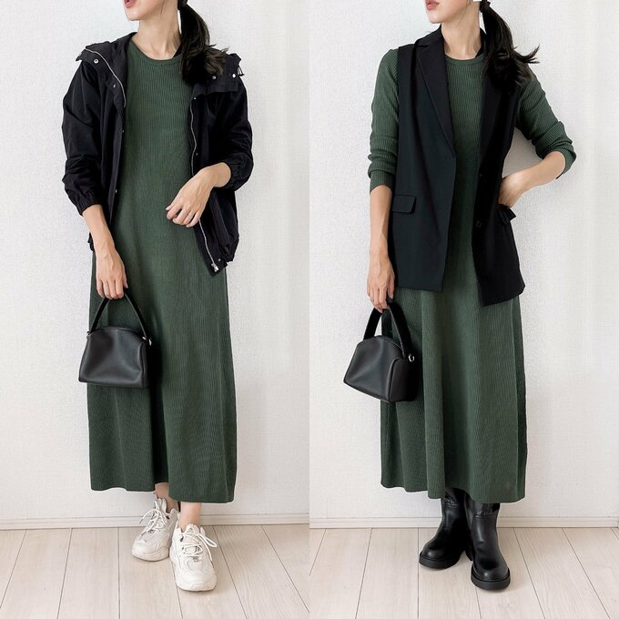 リブニットワンピース着用