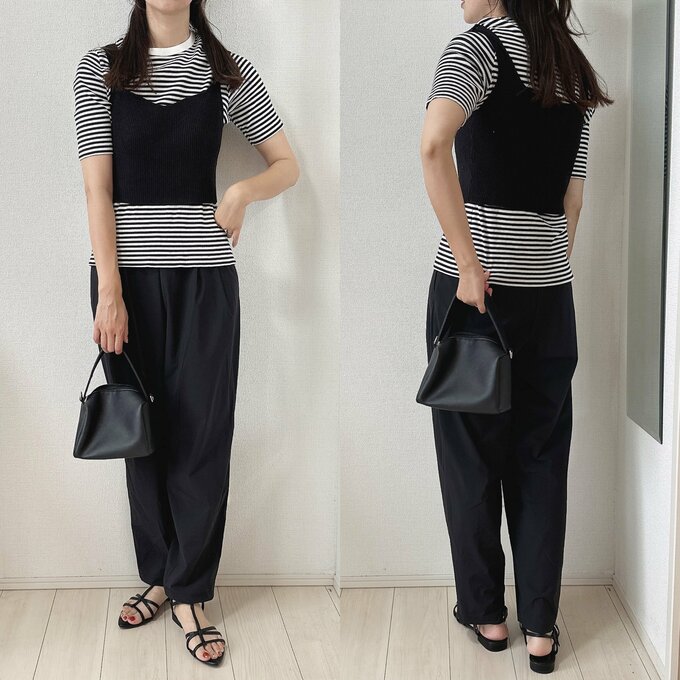 ボーダーのリブTにビスチェ