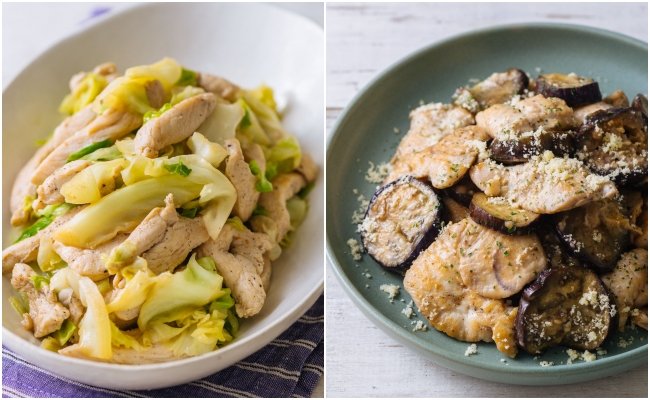 鶏胸肉とキャベツの中華炒め(左)、鶏胸肉とナスのみそチーズ焼き(右)