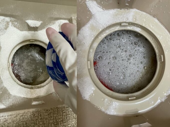 排水口の入口や周辺にオキシウォッシュをまんべんなく振り入れる