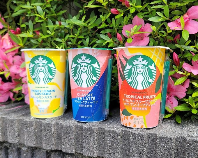 スターバックス ハニーレモンカスタード（コンビニ限定）、スターバックス クラシックティーラテ、スターバックス トロピカルフルーツミックス with マンゴープディング（ファミリーマート限定）