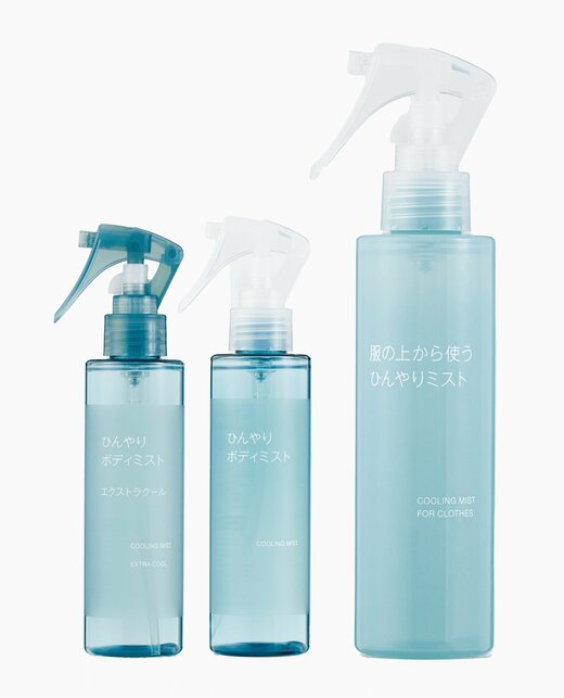 左から「ひんやりボディミスト エクストラクール」「ひんやりボディミスト」「服の上から使う ひんやりミスト」(各150mL ¥990)