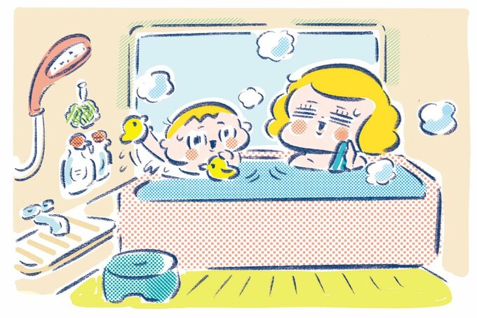 お風呂に入る親子