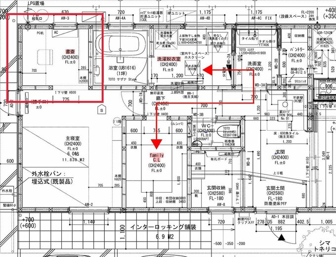 寝室の奥に書斎がある家の間取り図