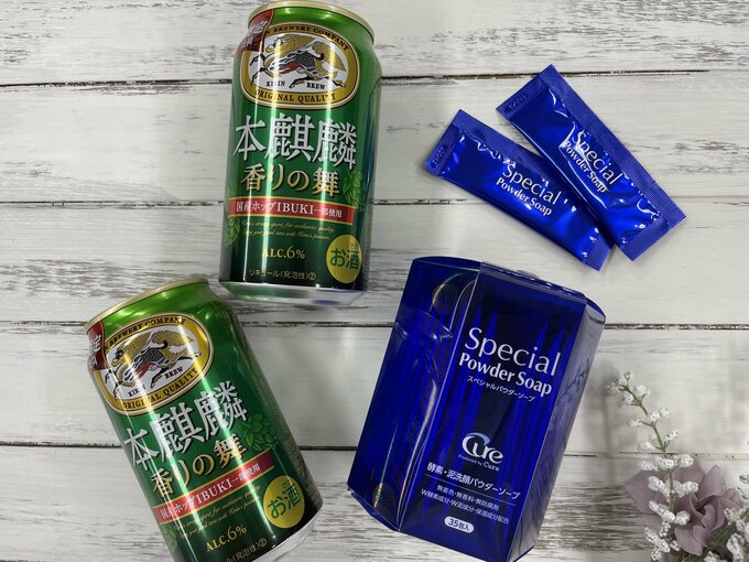 本麒麟 香りの舞(左)、スペシャルパウダーソープ(右)