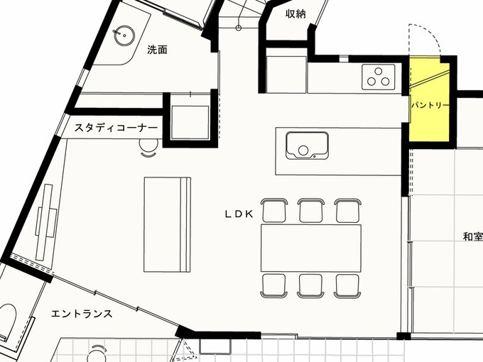勝手口とつながるパントリーの平面図