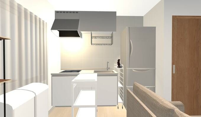 キッチンの同じ高さの作業台ワゴンの近くに分別できるゴミ箱を置く