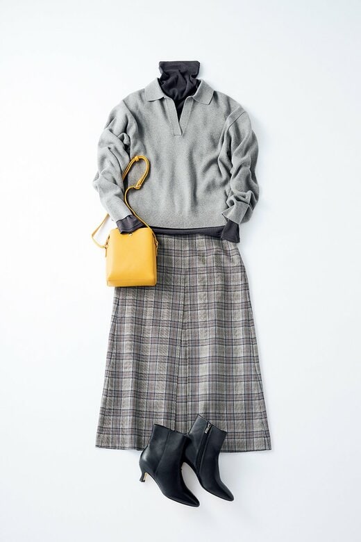 ポロニット、カットソー、スカートのコーデ