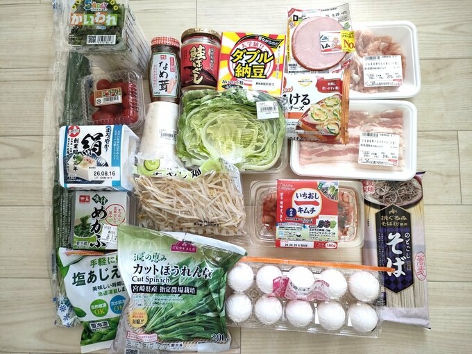 購入した5日分の食材20点。近所のスーパーで購入