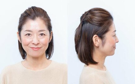 短い髪でもできる大人ハーフアップ。後頭部にボリュームを出すと若々しく