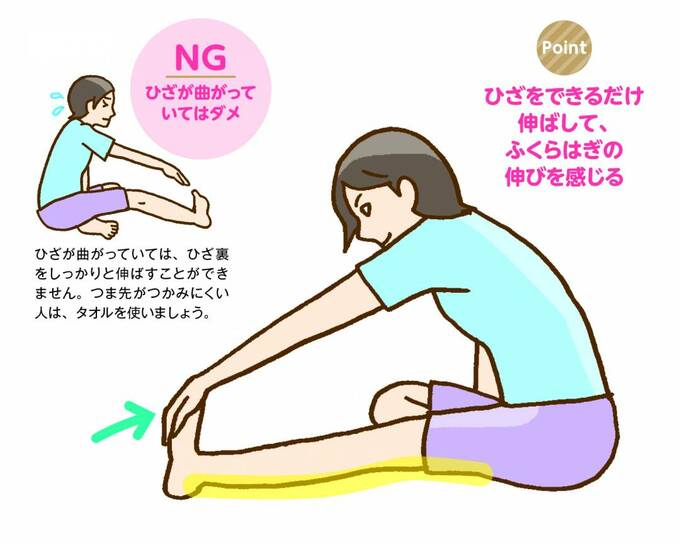 足先を自分の体の方に向け手でつかんで引っぱる