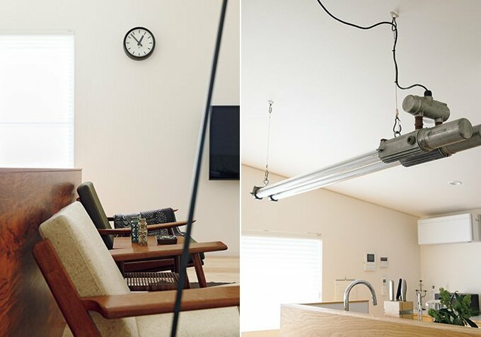 (写真左)ウェグナーのソファ/(写真右)ダイニングの照明器具はイタリアのヴィンテージ