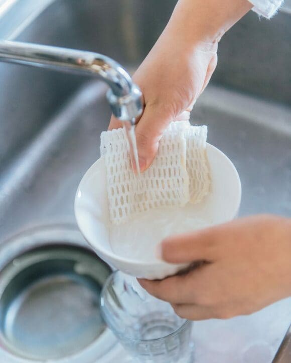 汚れ落ちのよいネットスポンジで食器を水洗いする様子