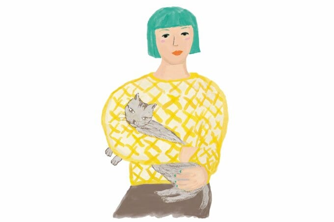 猫を抱きかかえる女性のイラスト