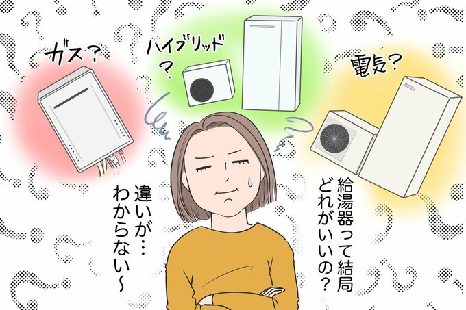 給湯器の違いがわからない様子のイラスト