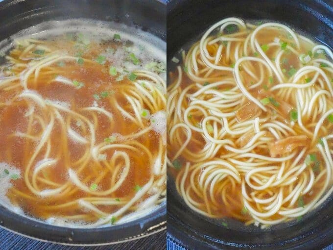 麺を湯切りする前後