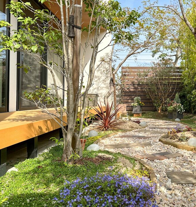 花が咲いている庭の様子