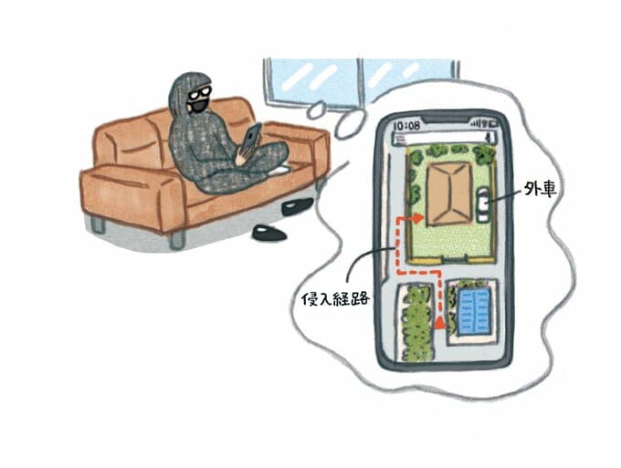 スマホで侵入経路を考えている不審者のイラスト