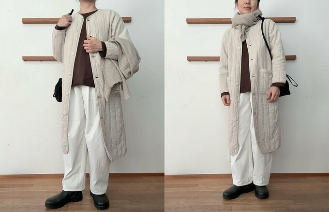 ダークブラウンは白パンツに合わせると映える