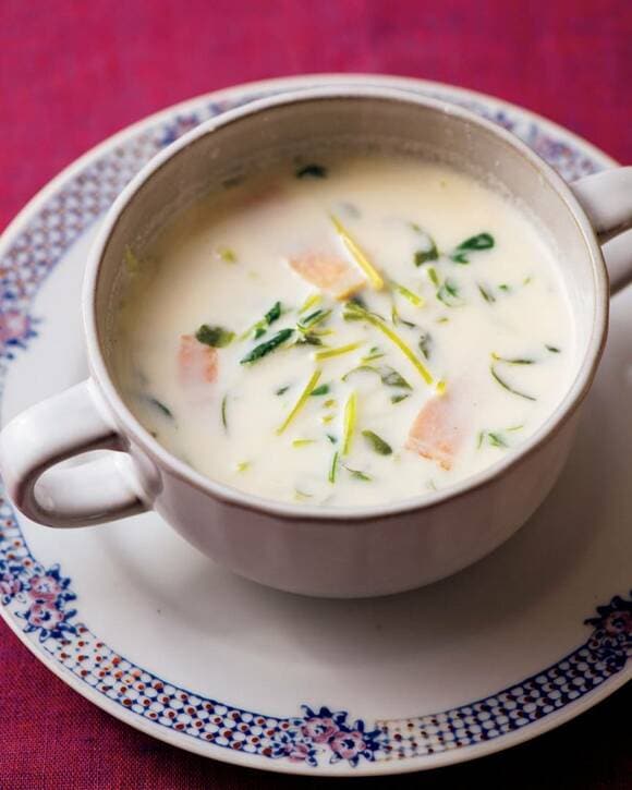 豆苗とベーコンのチーズスープ