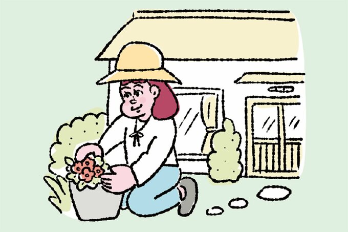 家の庭で花の鉢植えをさわる女性のイラスト
