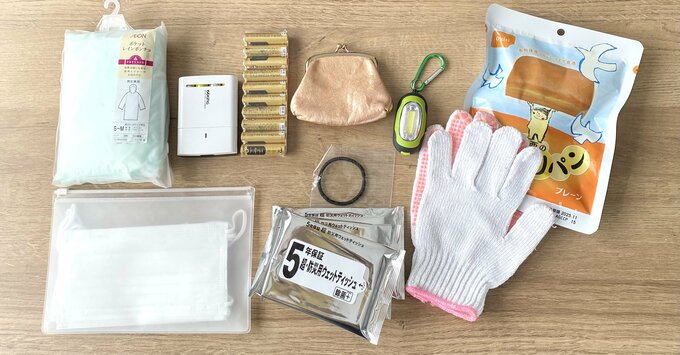 ポンチョ型のレインコート、モバイル充電器、乾電池、軽食、マスク、ウェットティッシュ、軍手など