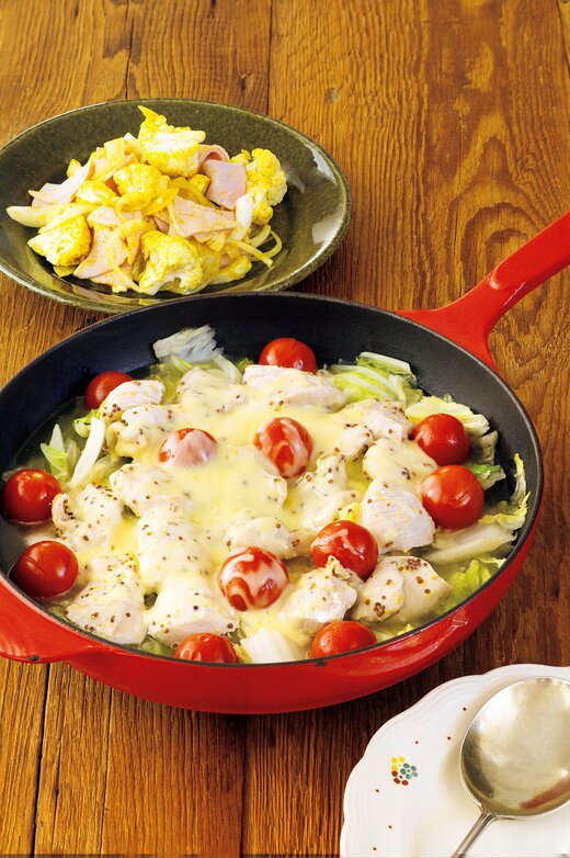 鶏胸肉と白菜のマスタードチーズ蒸し／カリフラワーとハムのカレーあえ